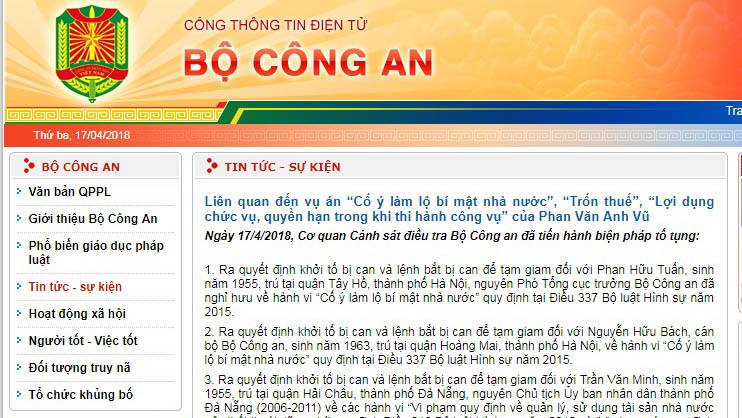 Cổng thông tin điện tử Bộ Công an đăng tải thông tin khởi tố 7 bị can liên quan đến vụ án Phan Văn Anh Vũ