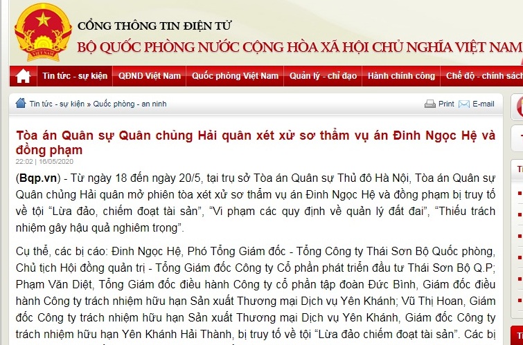 Bộ Quốc phòng thông tin vụ án