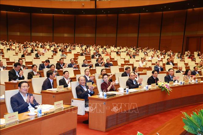 Các đồng chí lãnh đạo, nguyên lãnh đạo Đảng, Nhà nước và đại biểu dự Hội nghị tại điểm cầu chính - Phòng họp Diên Hồng, Nhà Quốc hội (Hà Nội). Ảnh: Phương Hoa/TTXVN