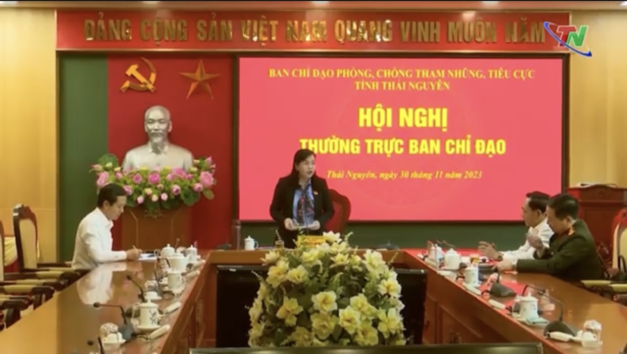 Đồng chí Nguyễn Thanh Hải, Ủy viên Trung ương Đảng, Bí thư Tỉnh ủy, Trưởng đoàn Đại biểu Quốc hội tỉnh, Trưởng Ban Chỉ đạo phòng, chống tham nhũng, tiêu cực tỉnh Thái Nguyên phát biểu tại Cuộc họp